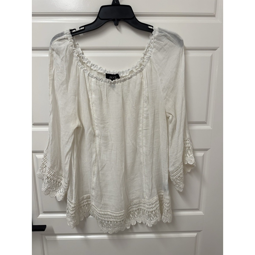 Alyx Top Womens White Lace Trim Blouse Elastic Neck XL  A7